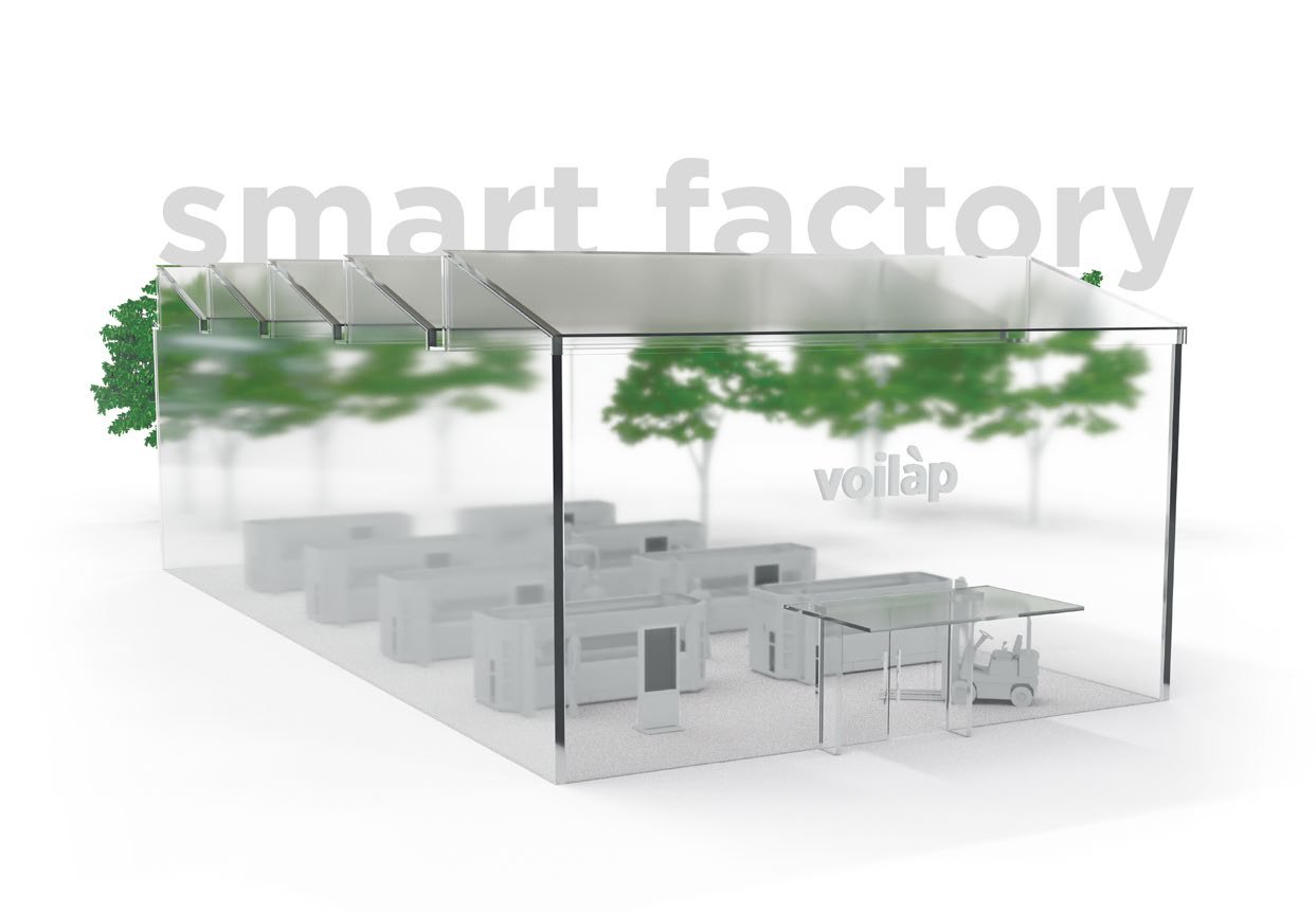 Rendering di una smart factory Voilàp: edificio in vetro con macchine connesse